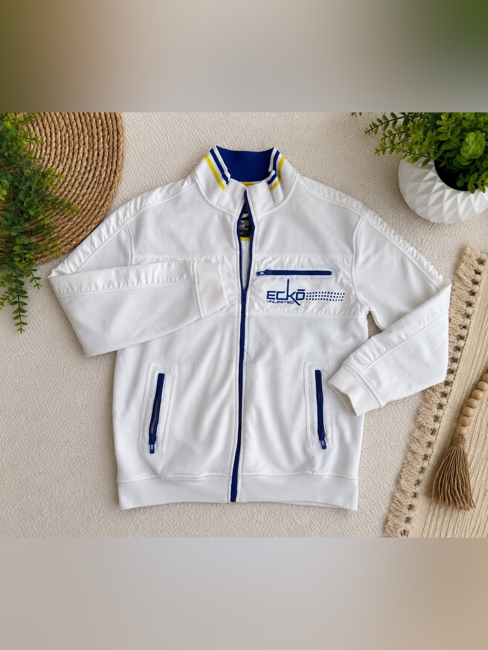 Ecko Unlimited White Track Jacket with Blue & Yellow Collar Trim